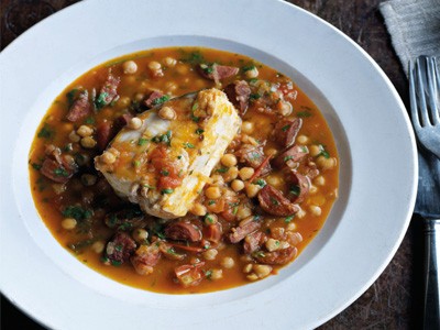 Braised halibut with chickpeas and chorizo