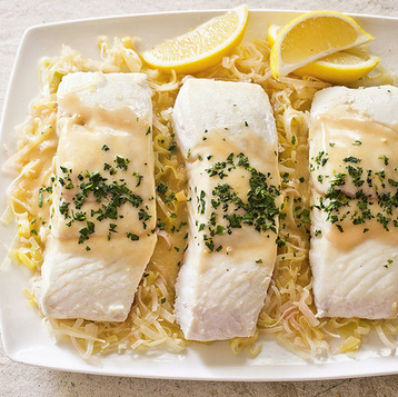Braised halibut with leeks and mustard