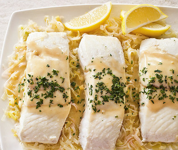 Braised halibut with leeks and mustard
