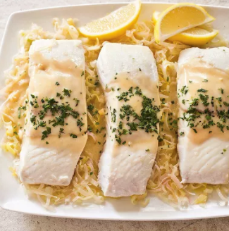 Braised halibut with leeks and mustard
