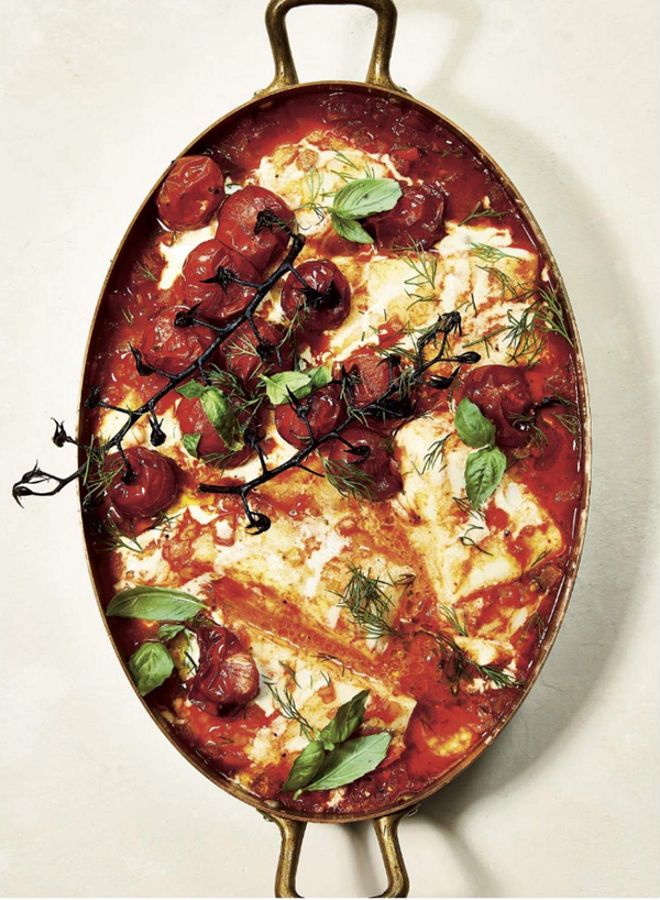 Braised halibut with roasted cherry tomatoes and tahini (Chraime)