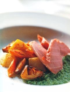 Braised ham with root vegetables and pea-green sauce