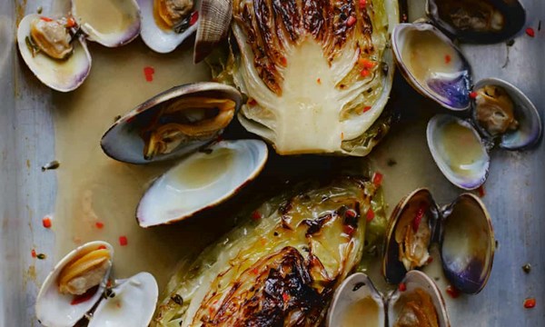 Braised hispi cabbage, clams, chilli and oregano