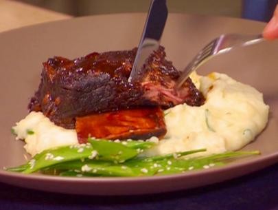 Braised hoisin beer short ribs with creamy mashed Yukons and sesame snow peas
