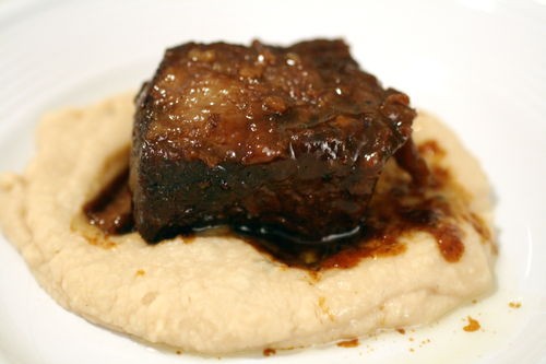 Braised hoisin beer short ribs with rosemary white-bean purée