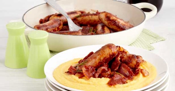 Braised Italian sausages with soft polenta