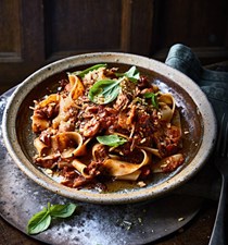 Braised jackfruit and walnut ragu with pappardelle and 'Parmesan' crumb