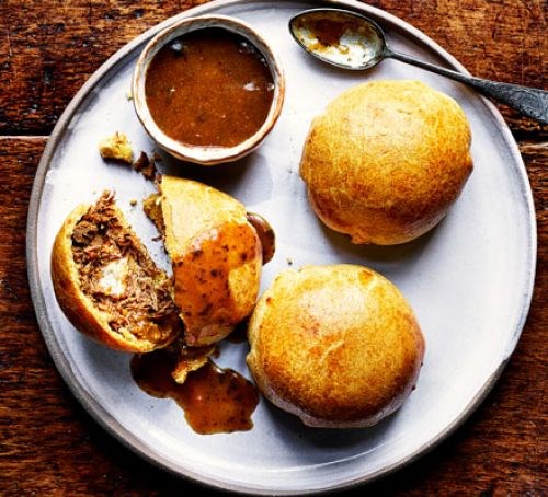 Braised lamb & goat's cheese pies with gravy