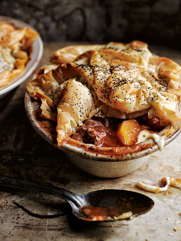 Braised lamb, butternut and Stracchino filo pies