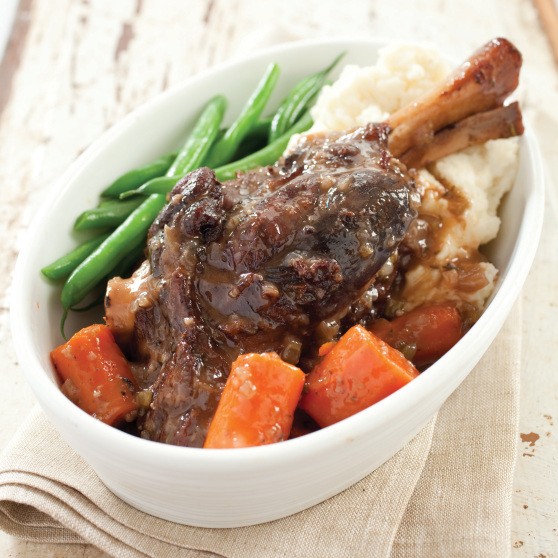 Braised lamb shanks in red wine with herbes de Provence
