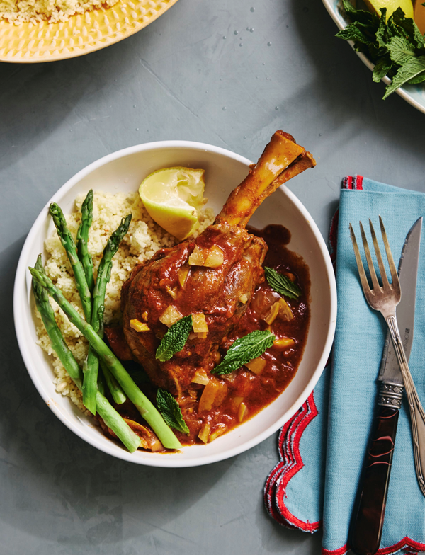 Braised lamb shanks with couscous and preserved lemon