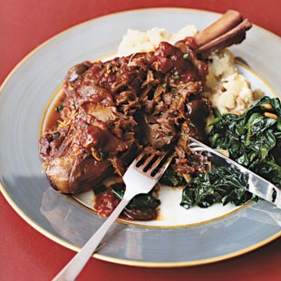Braised lamb shanks with olives, lemon, and tomatoes