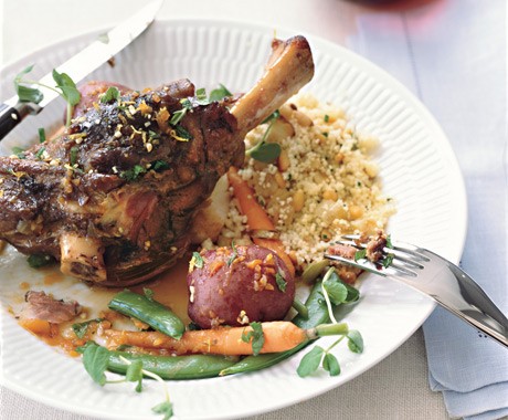 Braised lamb shanks with spring vegetables and mint gremolata