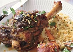 Braised lamb shanks with spring vegetables and mint gremolata