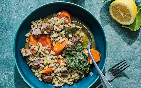 Braised lamb with barley, carrots and herb relish