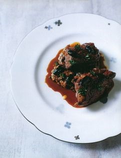 Braised lamb with imam bayildi and black olives