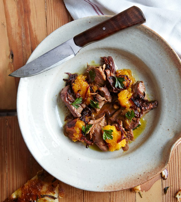 Braised lamb with roasted squash and onion sauce
