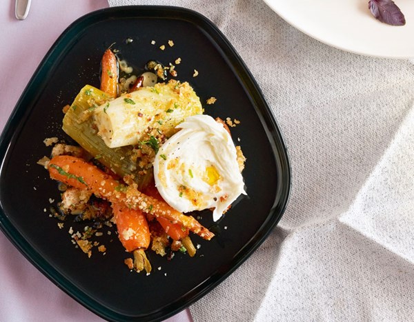 Braised leeks & carrots with Parmesan breadcrumbs