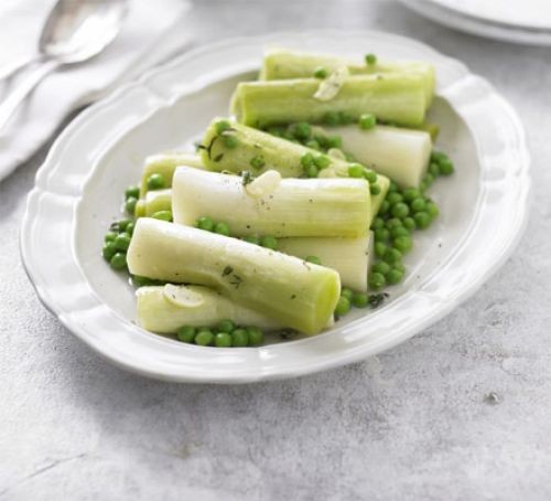 Braised leeks and peas