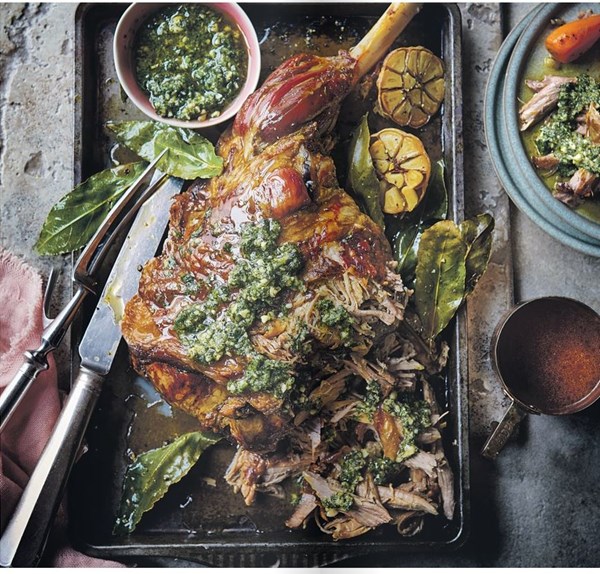 Braised leg of lamb with mint, parsley & almond pesto