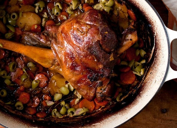 Braised leg of lamb with garlicky root vegetable puree