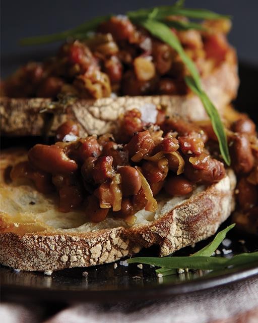 Braised lemon, leek, & pancetta beans on toast