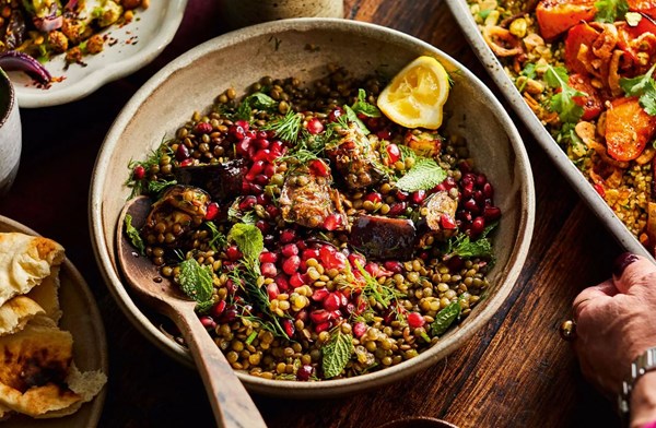 Braised lentils & aubergines with pomegranate