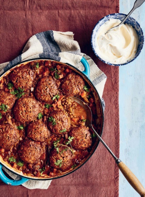 Braised lentils with cheesy dumplings