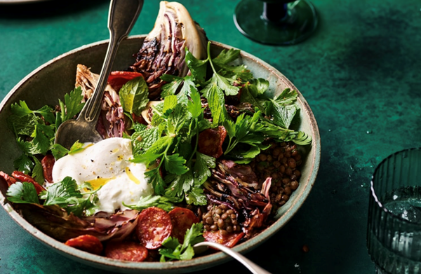 Braised lentils with grilled radicchio and salami