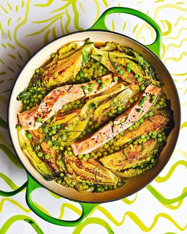 Braised little gem with trout, peas and mint