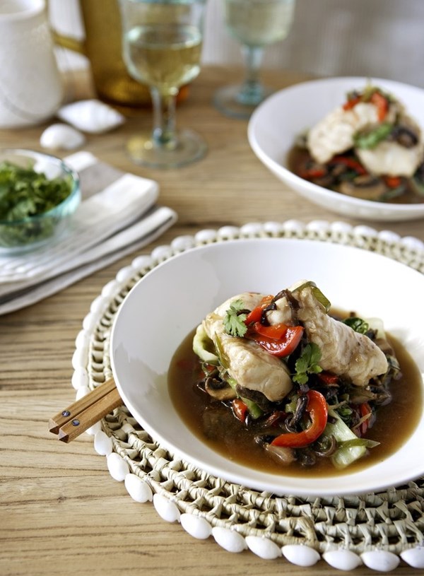 Braised market fish with mushrooms and bok choy