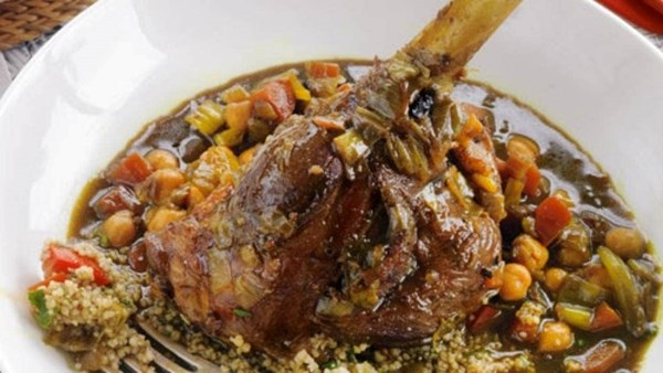 Braised Moroccan-style lamb shanks and tomato couscous