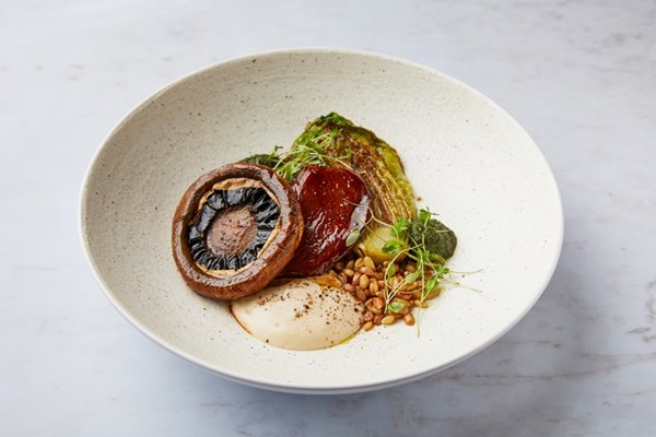  Braised mushrooms with spelt, baby gem, tofu dressing and pumpkin seed pesto