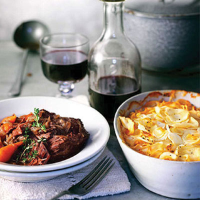Braised ox cheeks with parsnip gratin