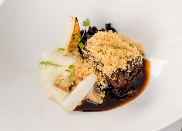 Braised oxtail, celeriac, espuma mash and Douglas fir