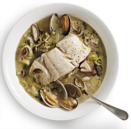 Braised Pacific halibut with leeks, mushrooms, and clams