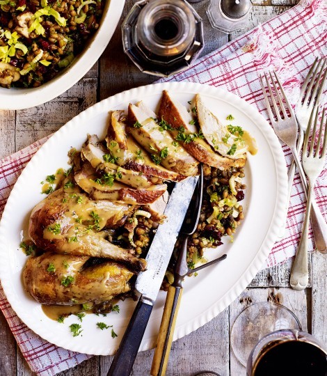 Braised pheasant with whisky sauce and pearl barley pilaf