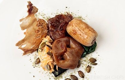 Braised pig's head with black pudding and pumpkin