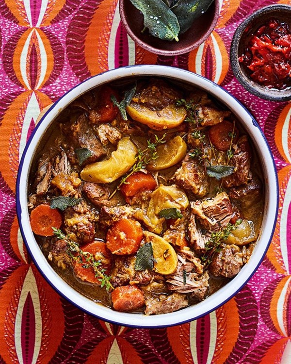 Braised pork and apple with Scotch bonnet and sage 