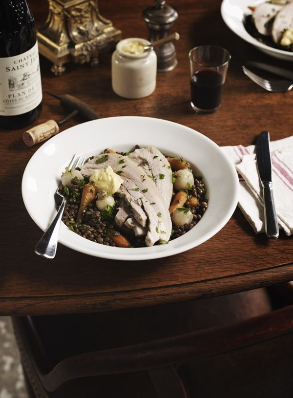 Braised pork and Puy lentils