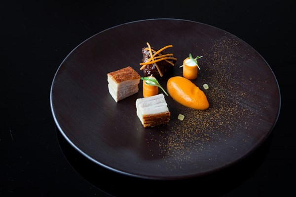  Braised pork belly and cheeks, pickled carrot, ginger and coriander