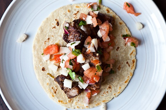 Braised pork belly tacos with watermelon, jicama & jalapeño salsa