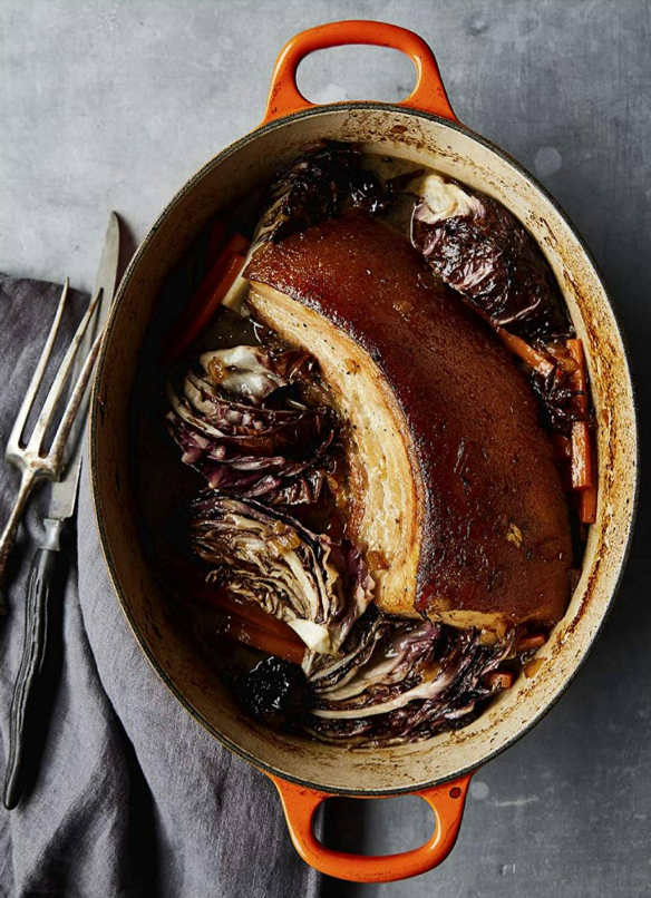 Braised pork belly with prunes and radicchio