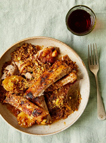 Braised pork ribs and potatoes with fried herb crumbs