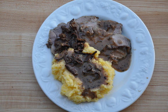 Braised pork shoulder with chanterelles
