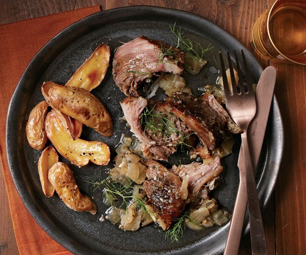 Braised pork shoulder with fennel, garlic, and herbs