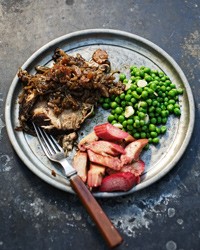 Braised pork shoulder with rhubarb and peas