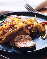 Braised pork with bacon and onions