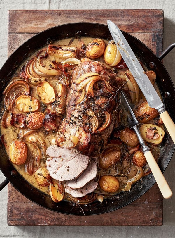 Braised pork with herbs, bacon and baby potatoes