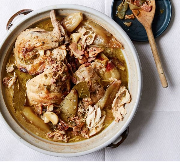 Braised rabbit, mustard and bacon